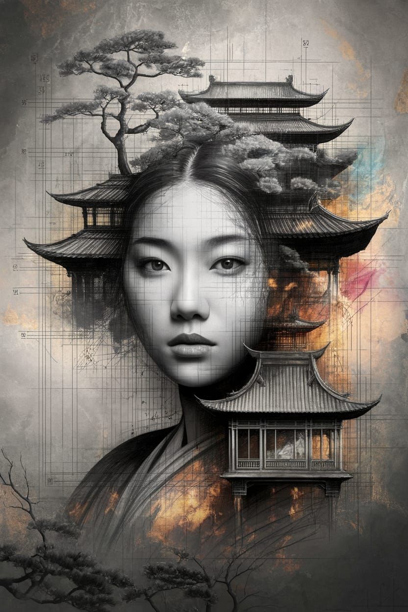 Monochromatic Cityscape Merges with Chinese Woman's Portrait...