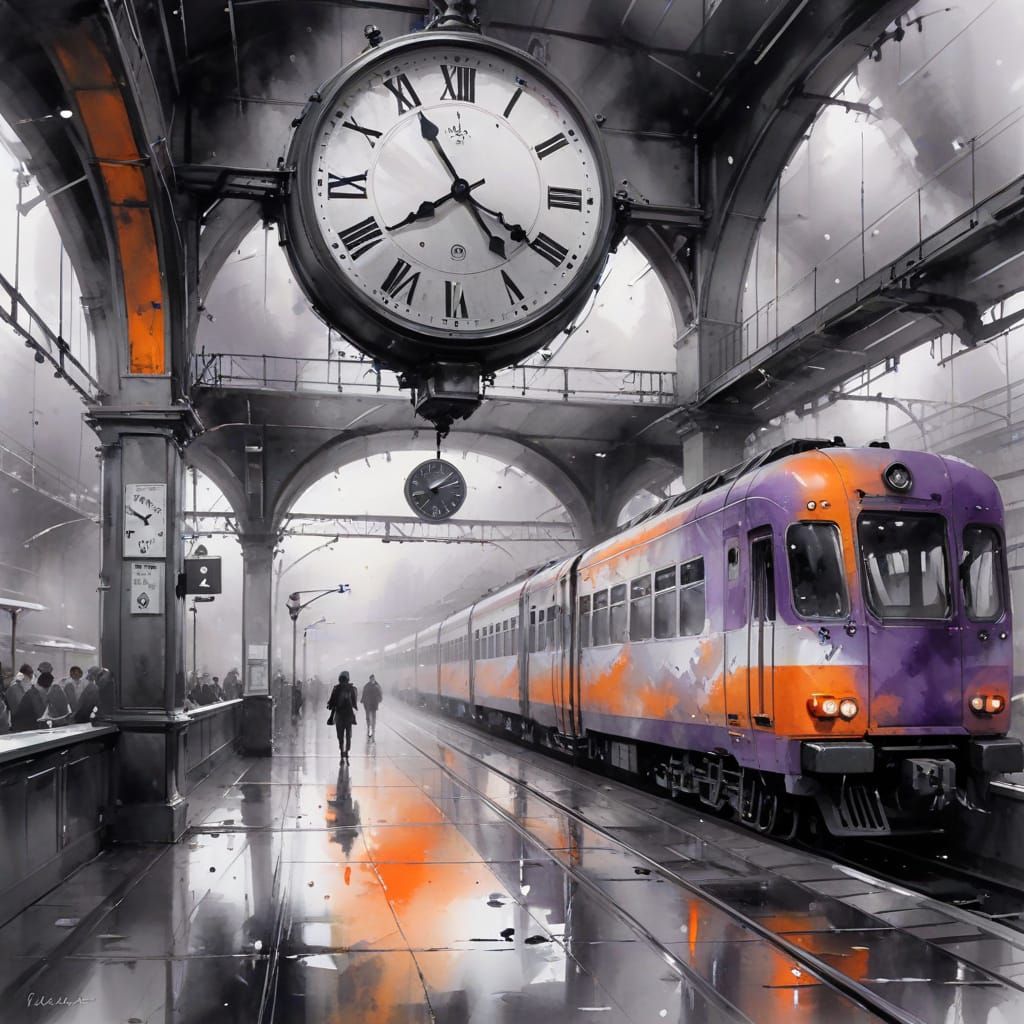 Ethereal Train Station Clock in Vibrant Grayscale