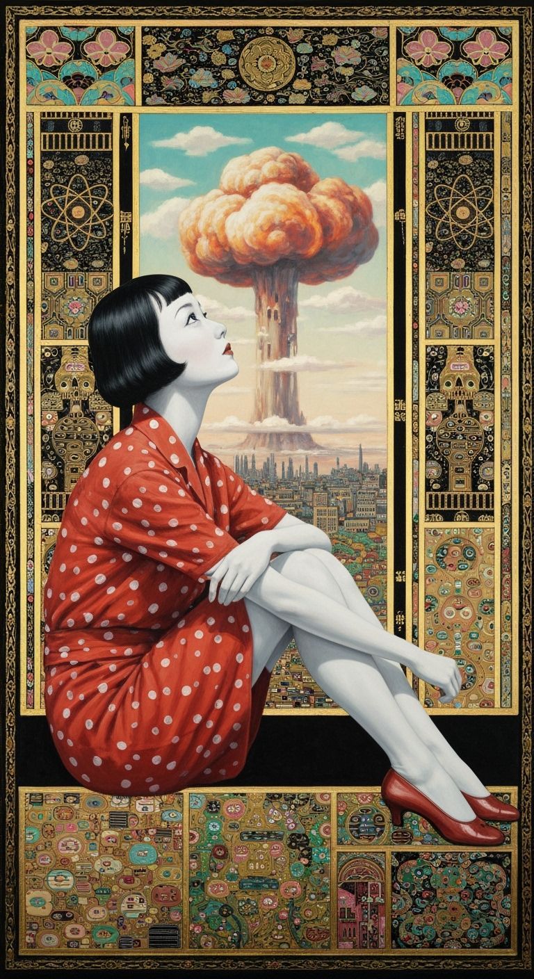 Ghostly Woman in 1940s Japan with Atomic Art Deco Background