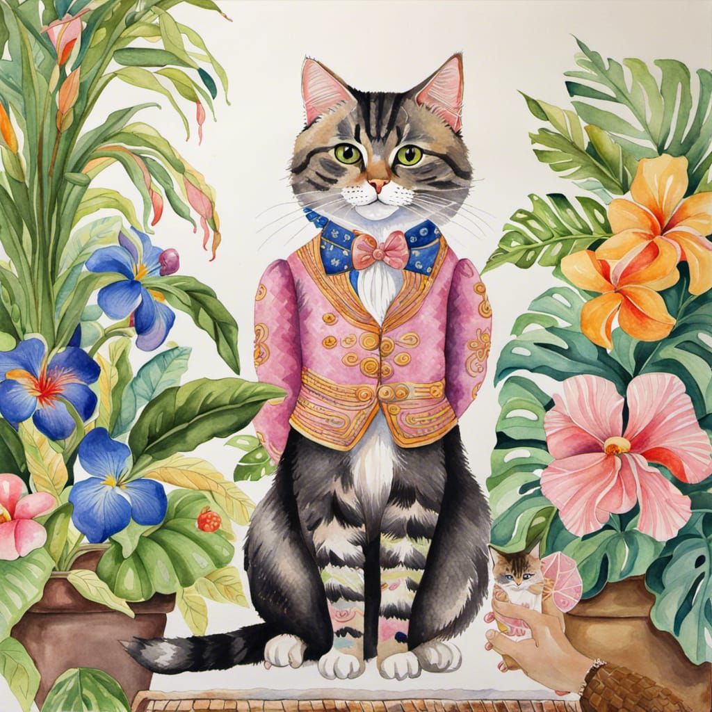 Victorian Cat in Watercolor Painting