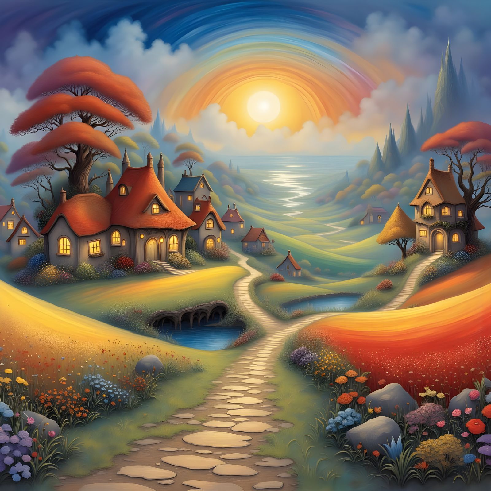 A serene village scene at twilight…