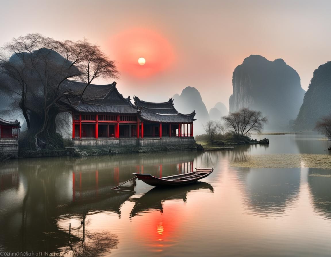 Snowy Chinese Lakeside Landscape with Red Sun
