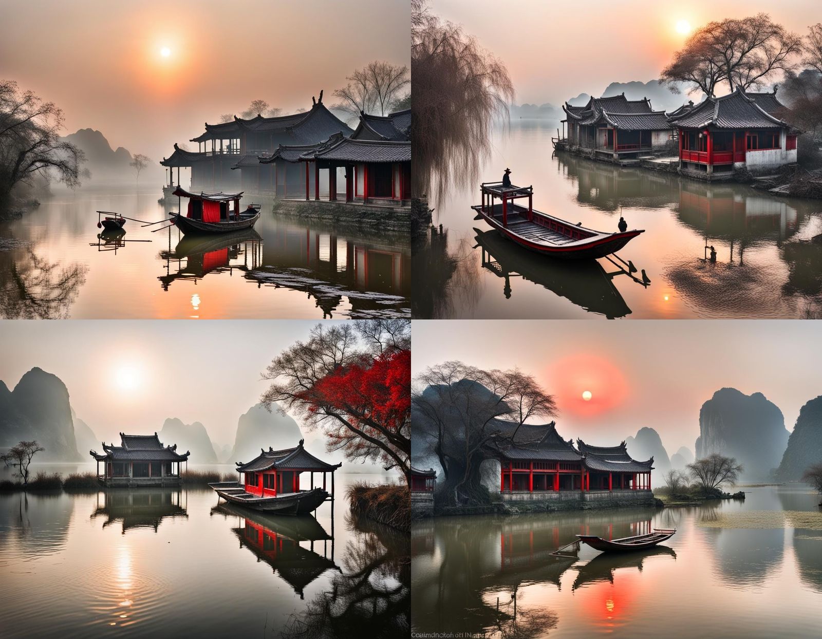 Snowy Chinese Landscape with Red Sun and Lakeside House