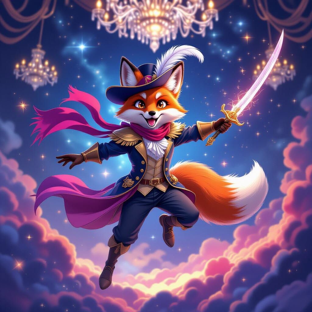 Anthropomorphic Fox Cavalier Leaping Through Nebula