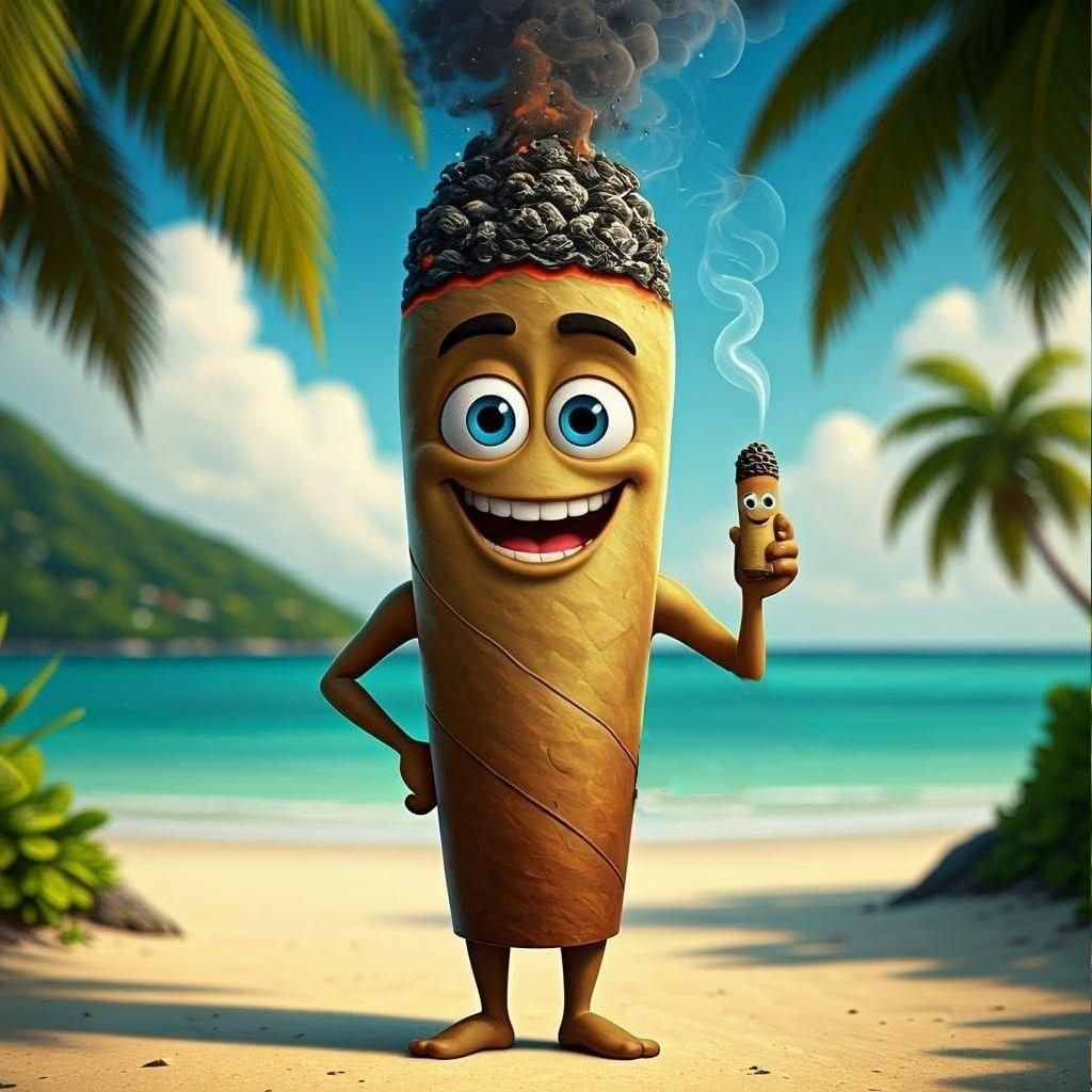 Cartoon Joint Smokes on Jamaican Beach in 3D
