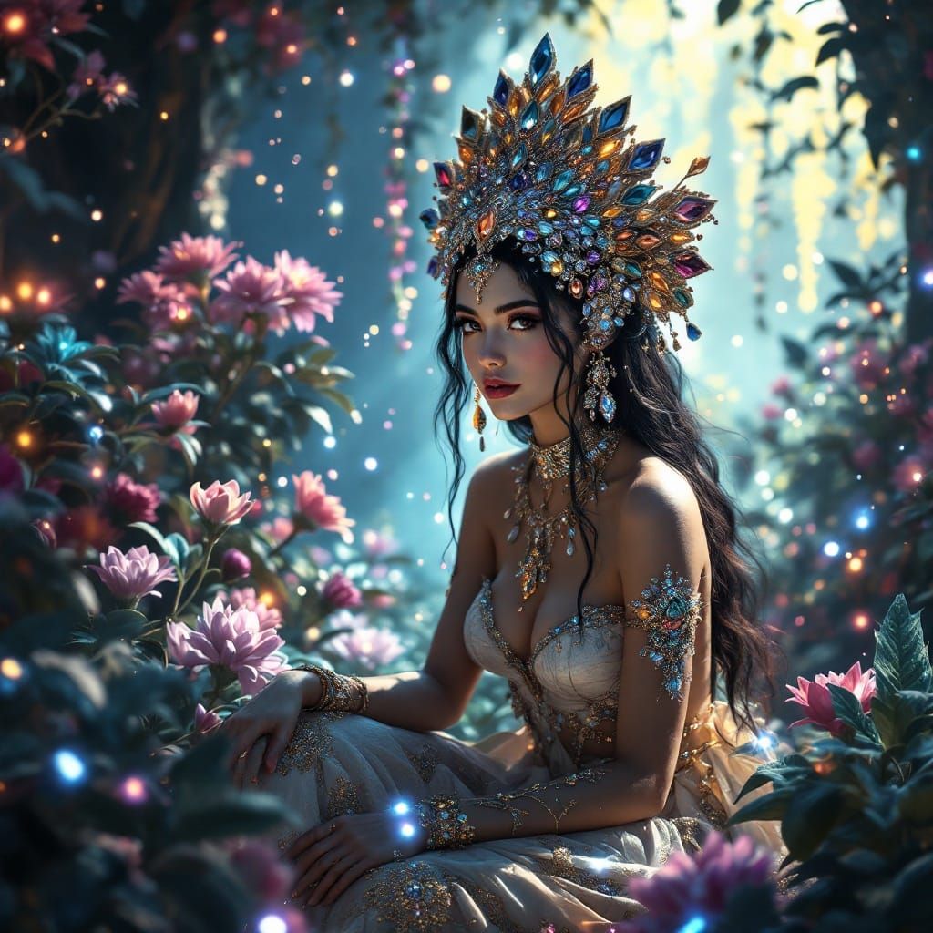 Dreamlike Fantasy Queen in Lavish Headdress