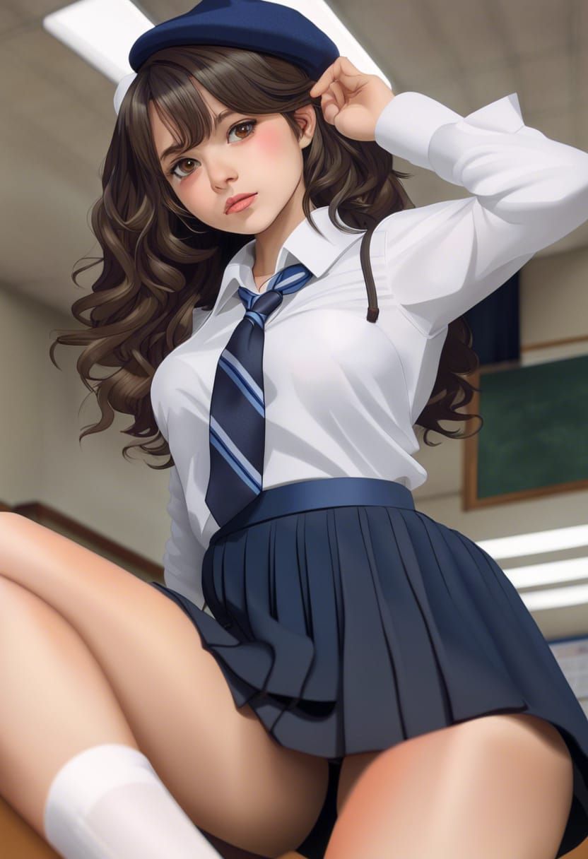 Beautiful Girl in Classroom with Navy Skirt