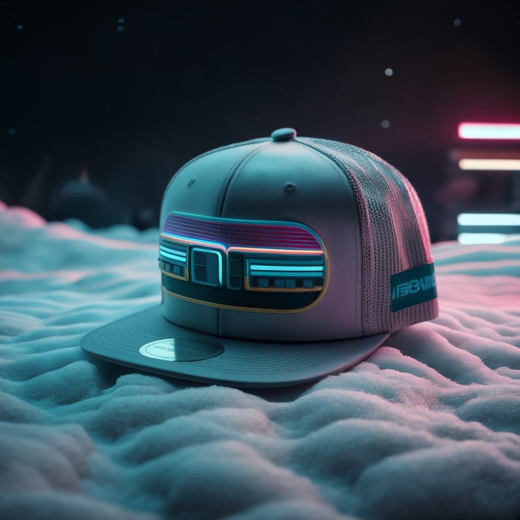 Synthwave Snapback Hat on Snowy Ground