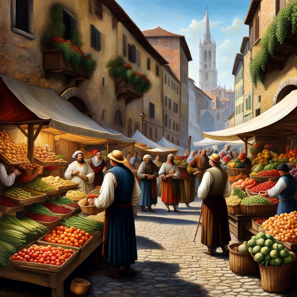 An medieval farmer's market with fresh produce and lively ve...