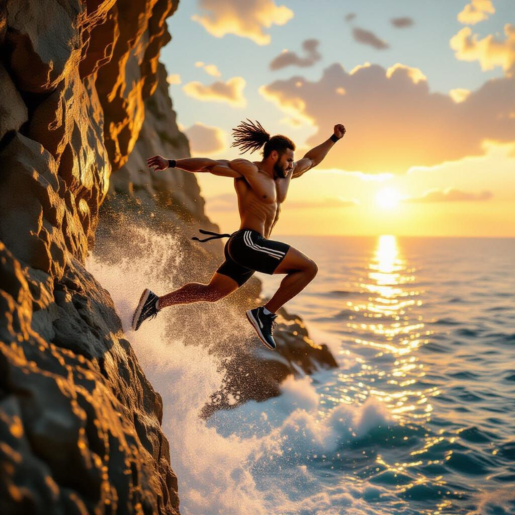 Man Leaping Triumphantly From Cliff in Golden Hour Light
