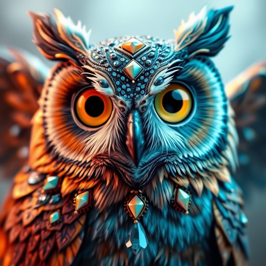 Whimsical Blue Owl with Copper Feathers and Gemstones