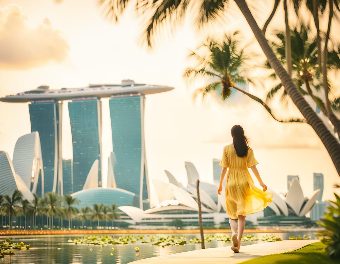 Woman in Sundress Walking Towards Marina Bay Sands