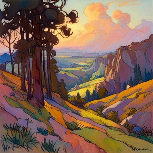 Whimsical Landscape in Watercolor and Impasto Style