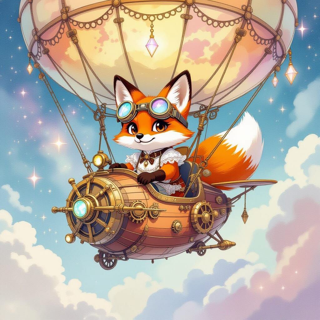 Steampunk Fox Piloting Zeppelin in Watercolor Style