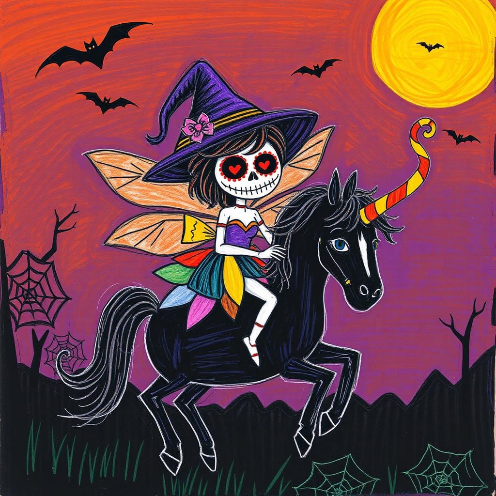 Sugar Skull Fairy Rides Unicorn on Halloween Night