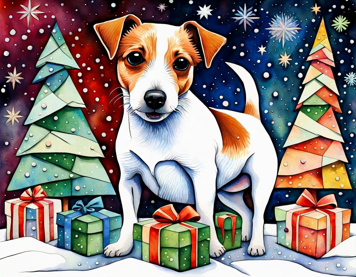 Cubist Christmas Scene with Iridescent Trees and Falling Sno...