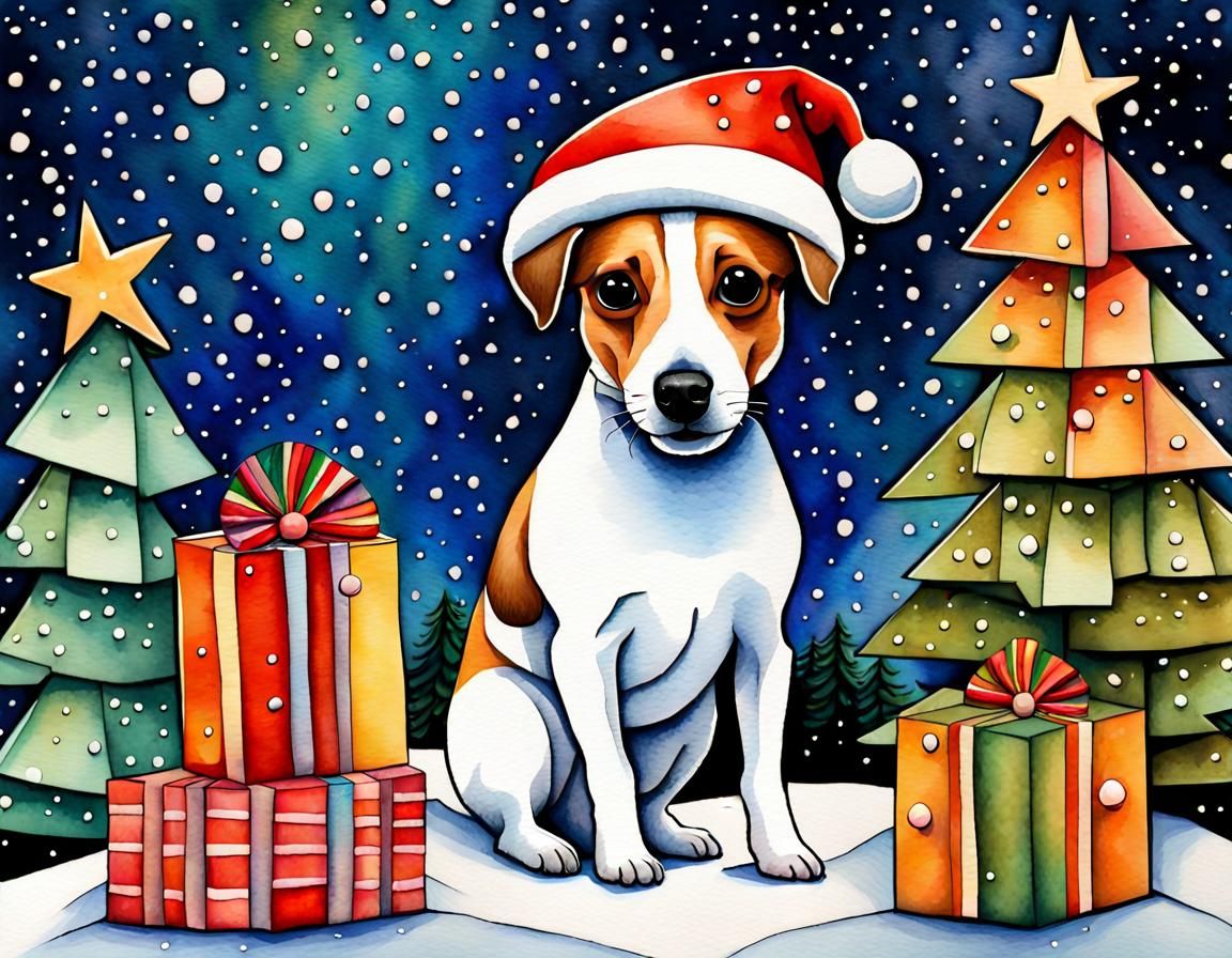 Festive Christmas Dog in Cubist Aquarelle Style