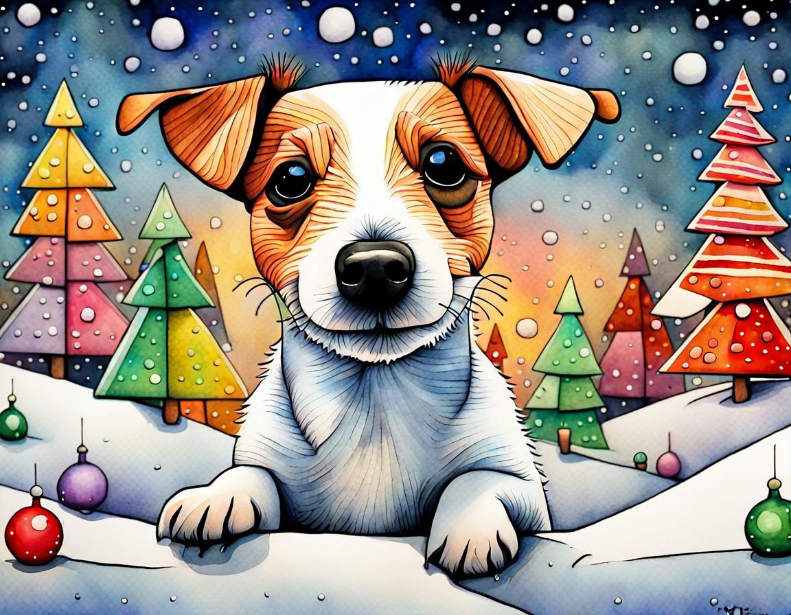Festive Christmas Jack Russell Dog in Cubist Style
