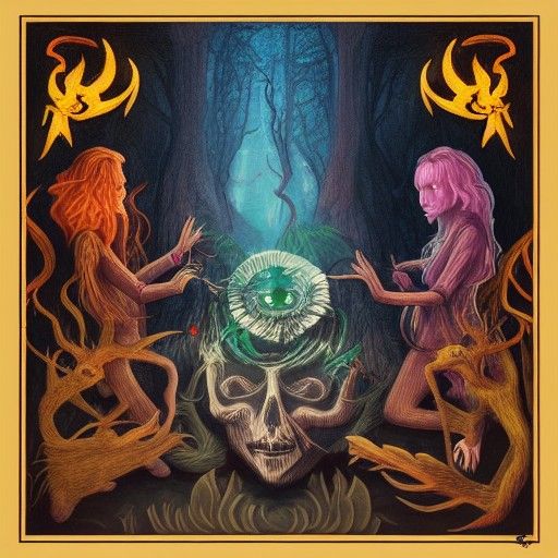 Detailed Satanic Ritual in Dark Forest, Astral Illustration