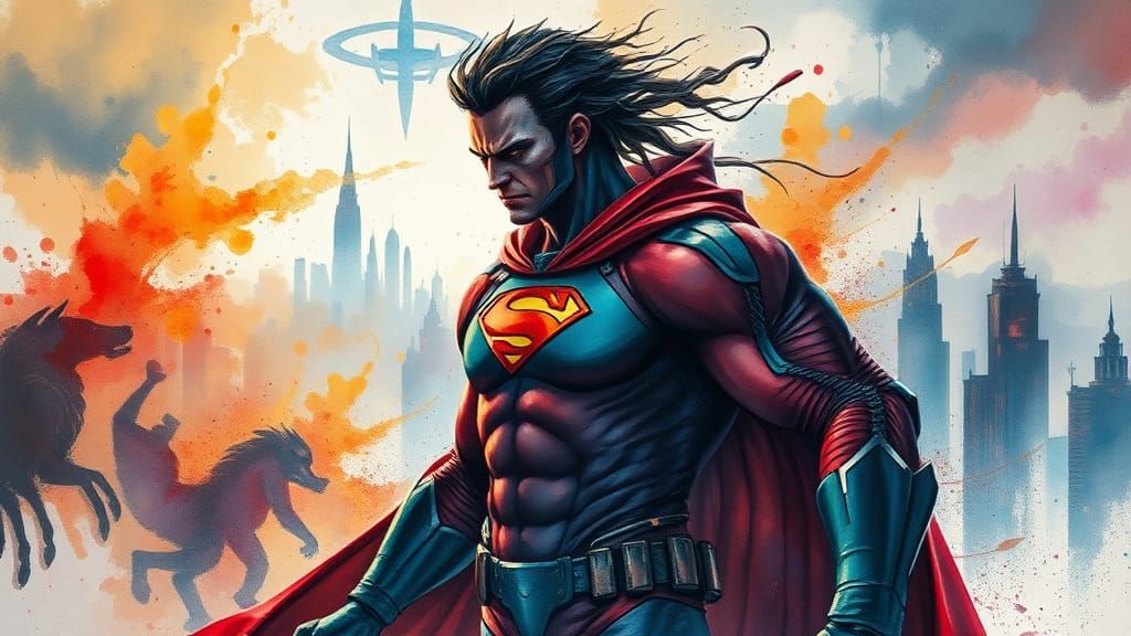 Dynamic Superhero in Sci-Fi Cityscape, Impasto Palette Knife...