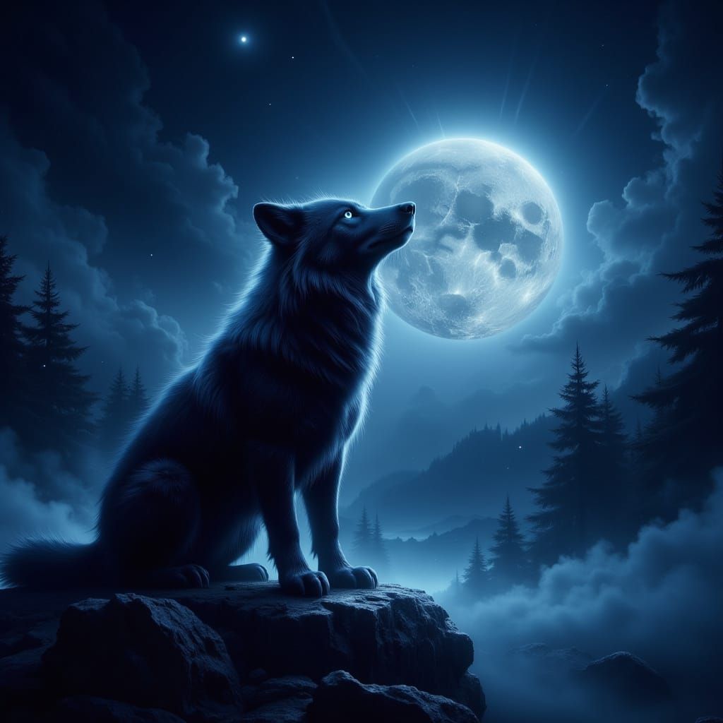 <lora:-Omnious-:1.0> black wolf, silver moon