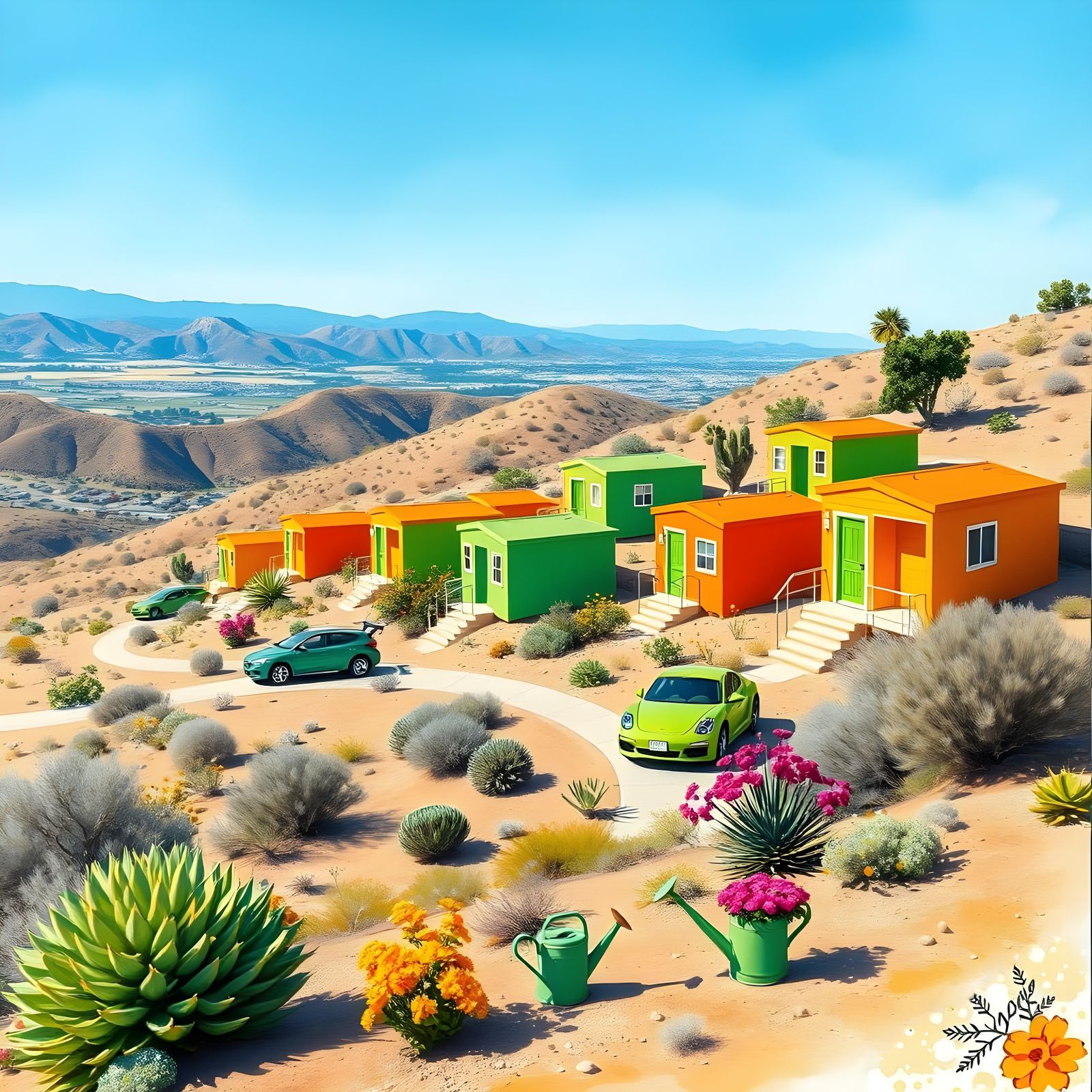 Neon Green and Orange Hillside Colony in Watercolor