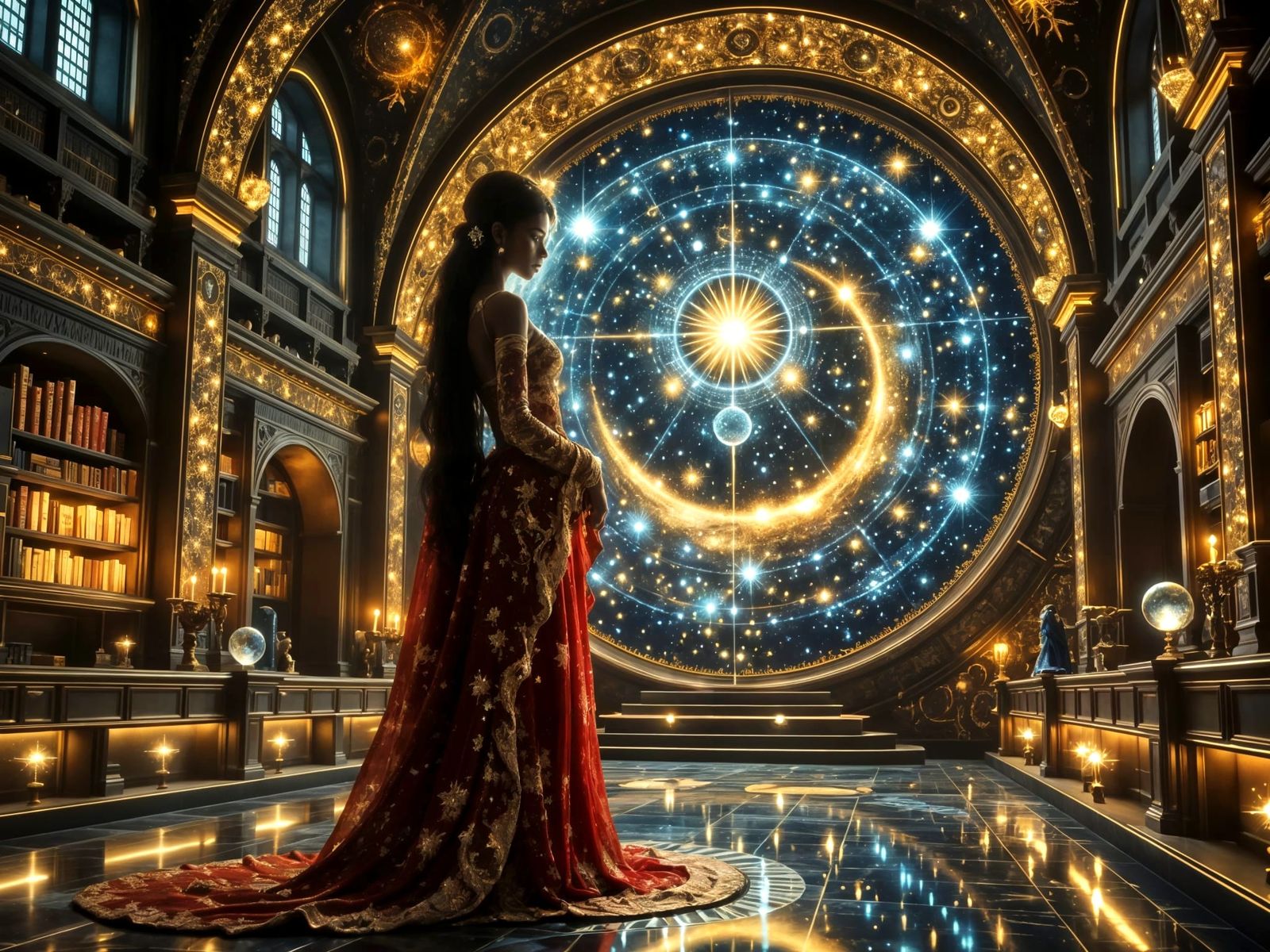 Celestial Librarian in Starry Library, Photorealism