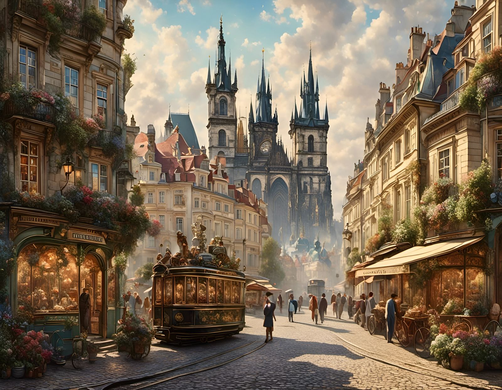 Dreamy Prague Street Scene in Retro Style