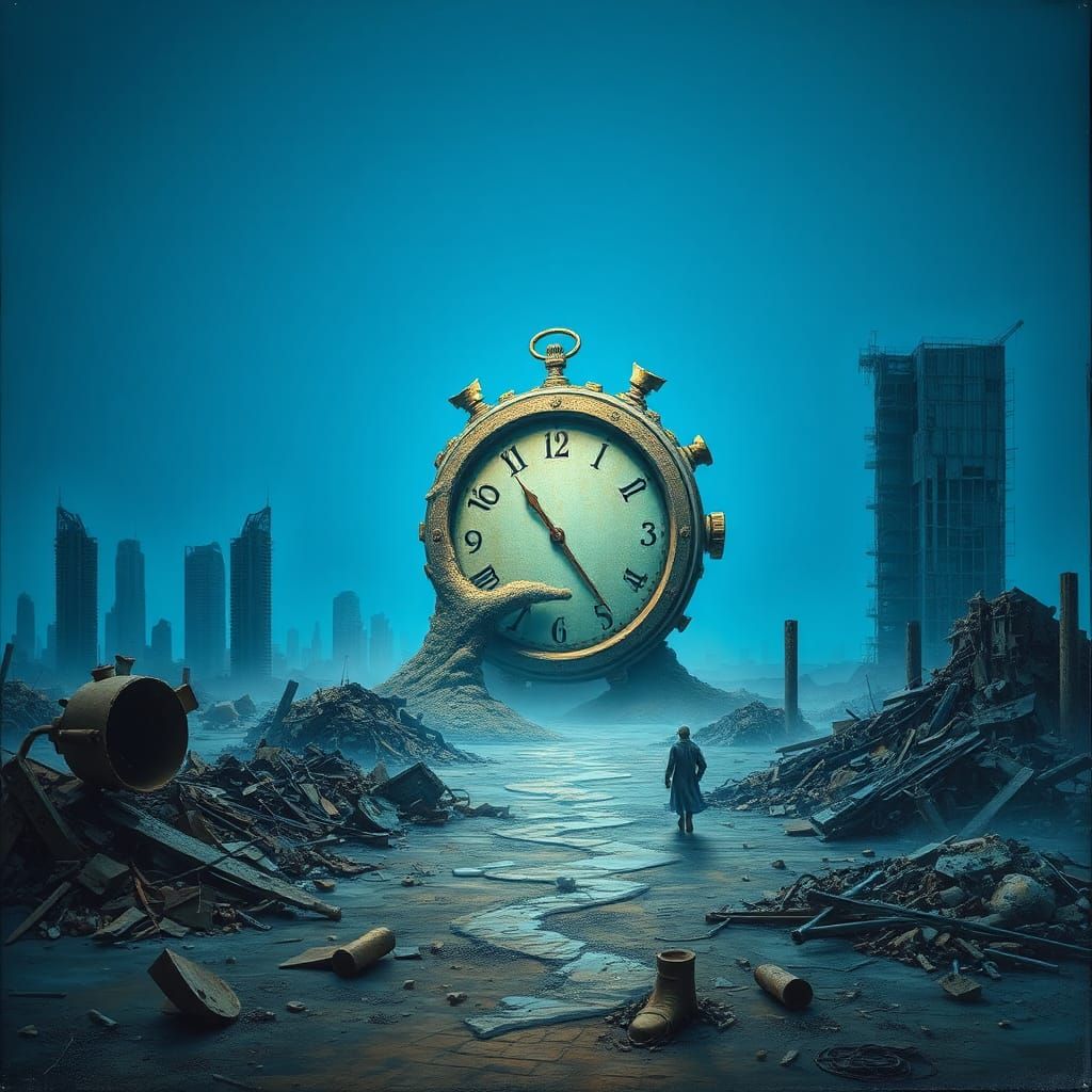 Post-Apocalyptic Landscape with Melting Clock in Surreal Sty...