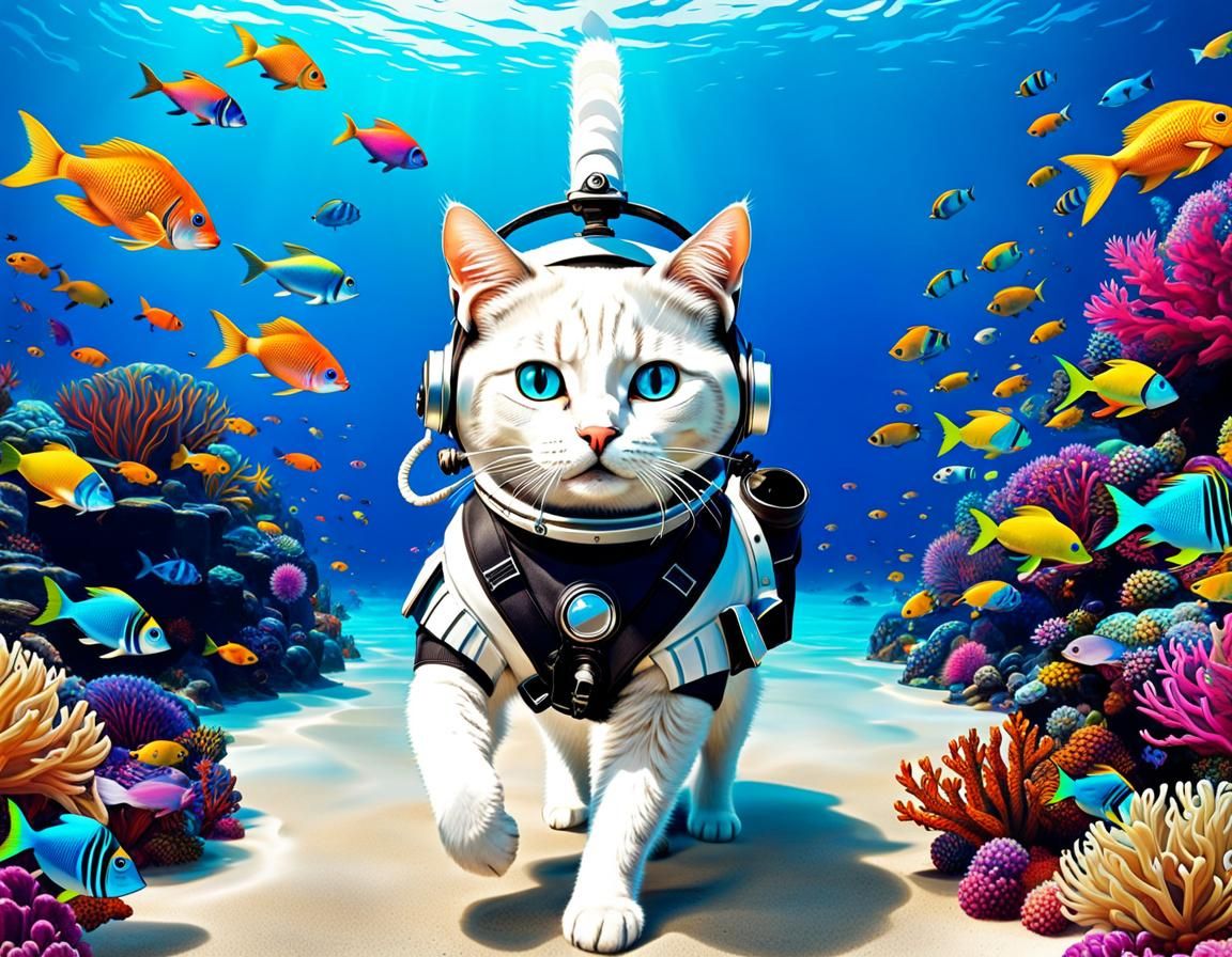 Cat in Diving Suit Among Colorful Fish