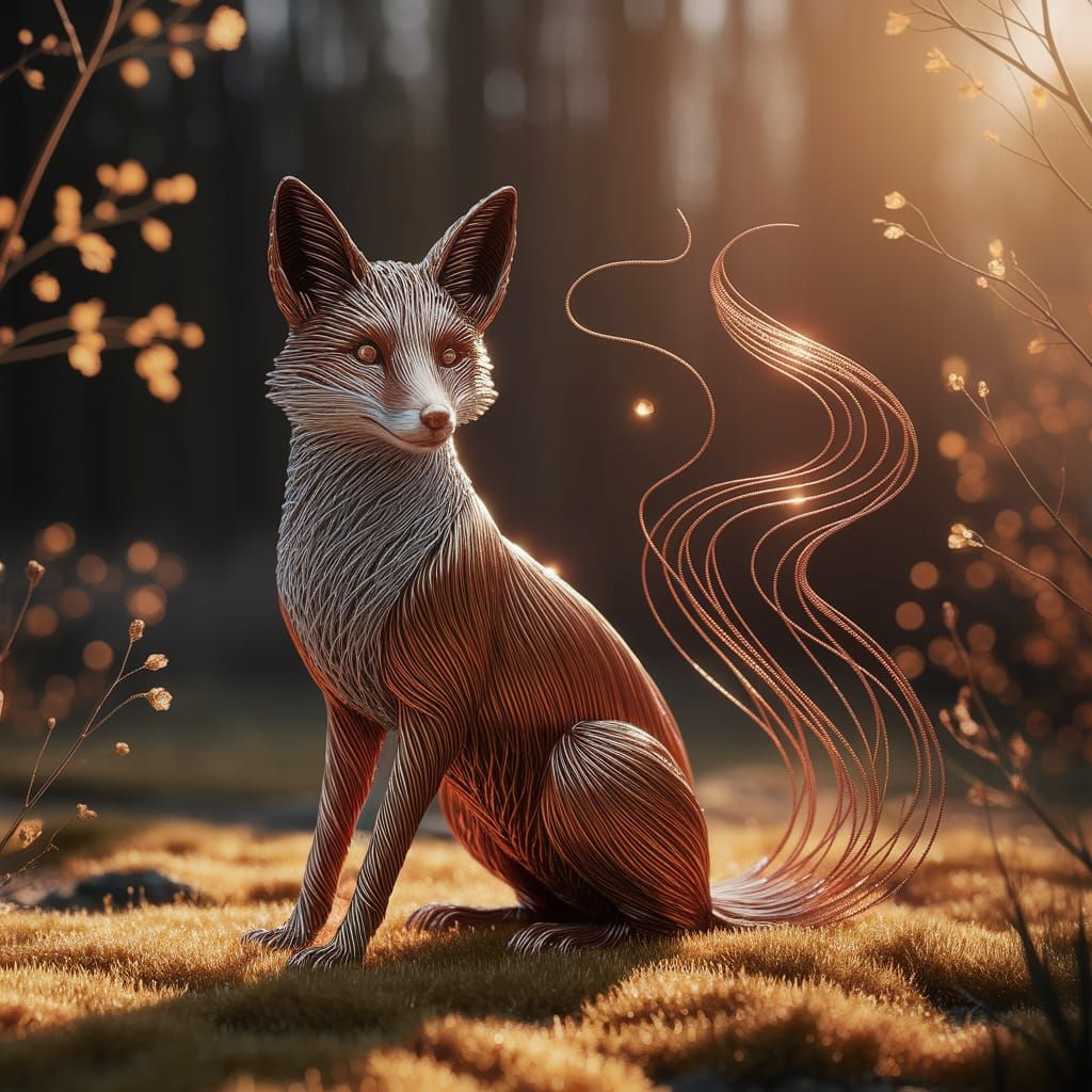 Copper Wire Fox Sculpture in Golden Forest Light