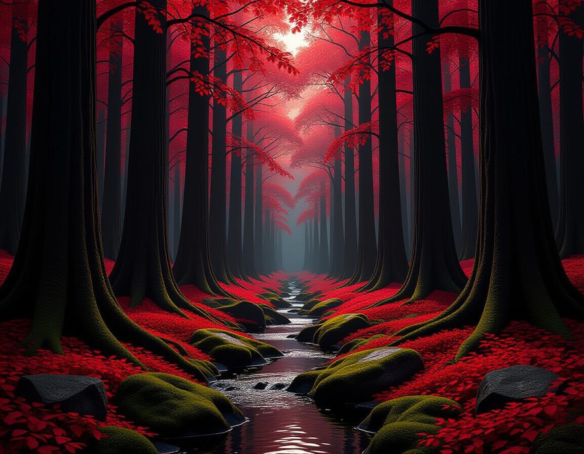 Enchanted Autumn Forest Glade with Crimson Leaves