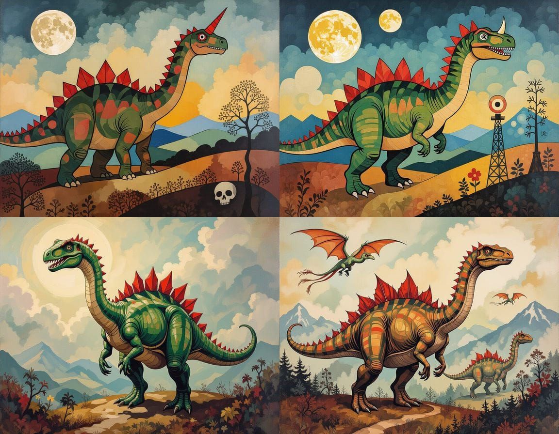 Surreal Dinosaur Extravaganza in Oil Painting Style
