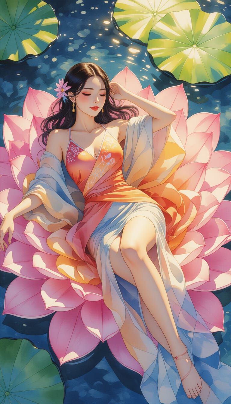 Thai Woman on Lotus Platform in Watercolor Style