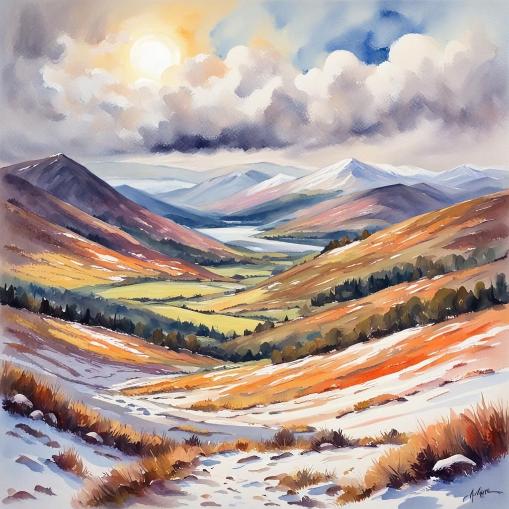 Scottish Highlands Landscape in Gouache Style
