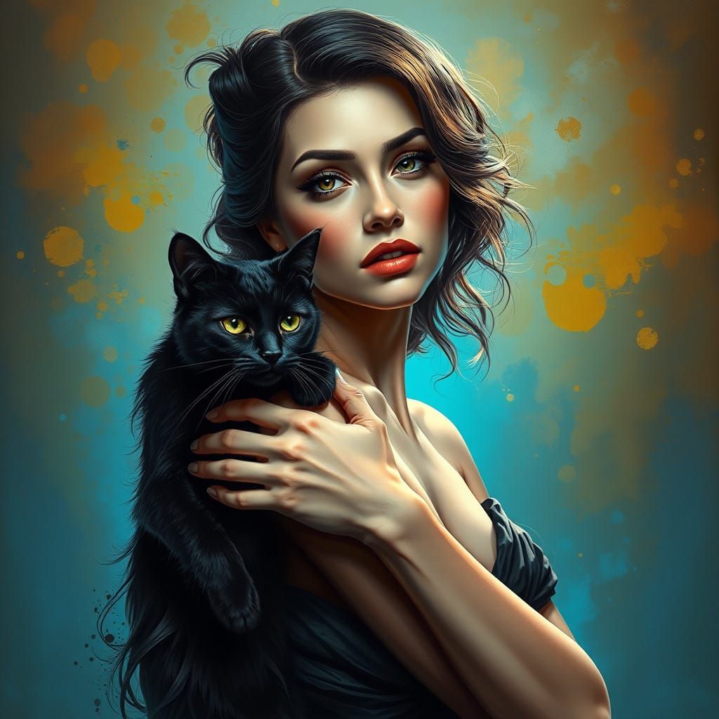 Elegant Woman Embraces a Black Cat in Warmth and Radiant Lig...