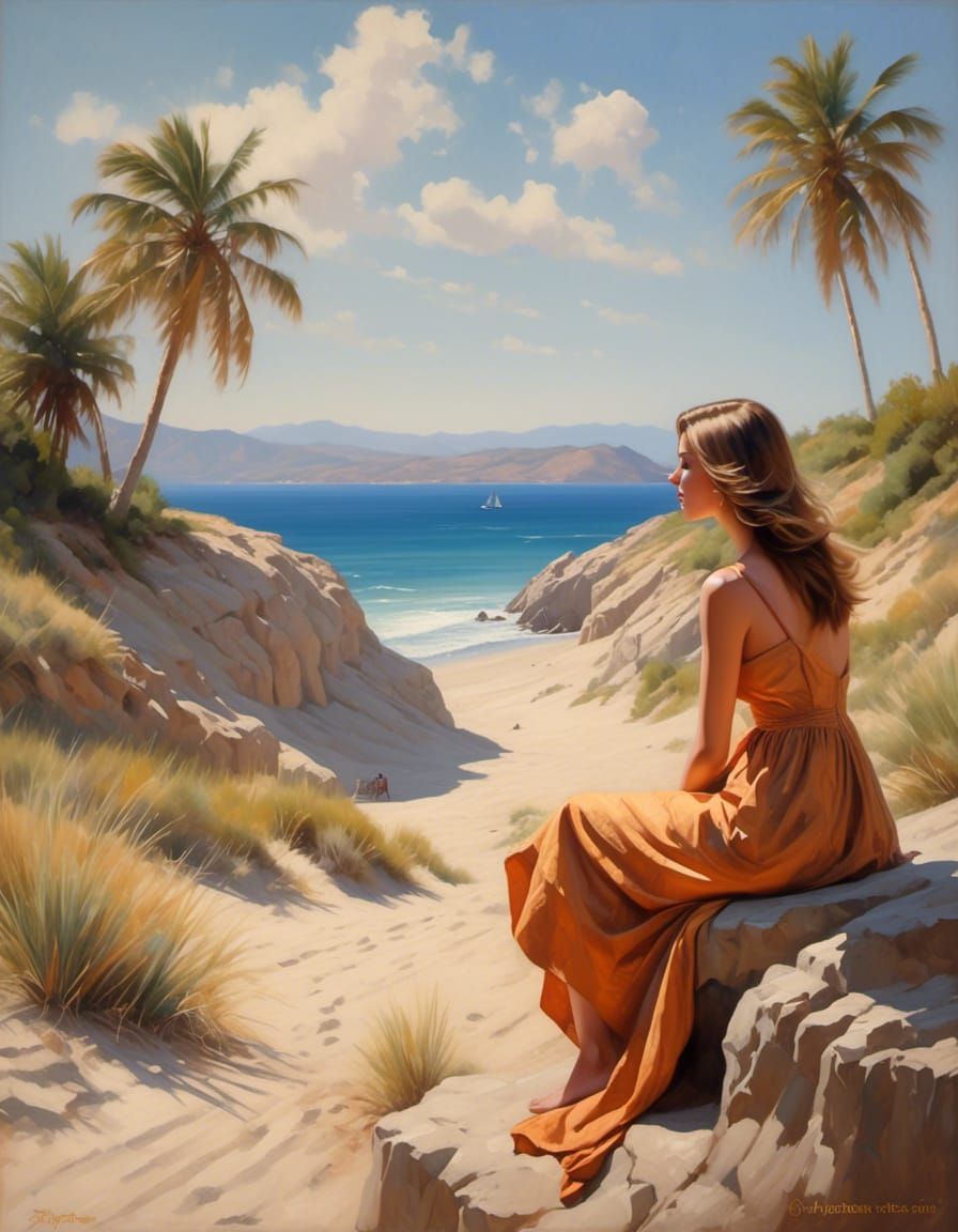 Woman on Tropical Beach with Schooner