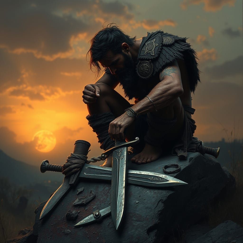 Gritty Dark Fantasy Warrior Contemplates Broken Sword