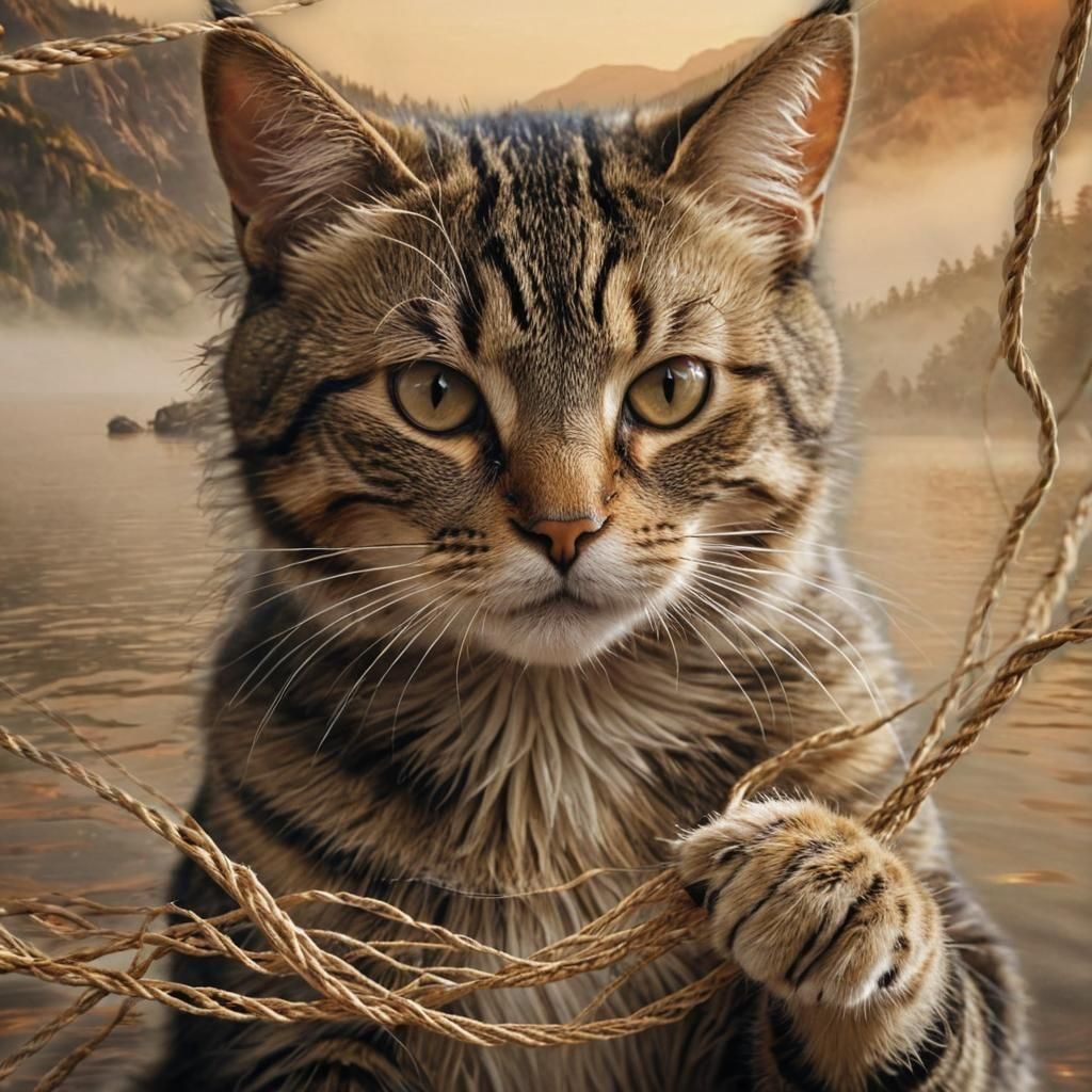 Hyperrealistic Cat Plays Cats Cradle with String