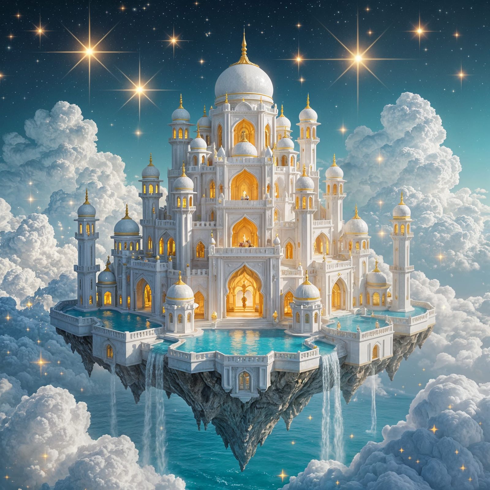Intricate White Castle on Floating Island with Golden Accent...