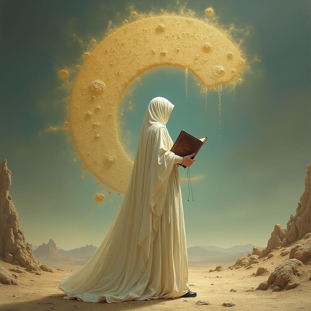Mystical Figure with Book in Surreal Landscape