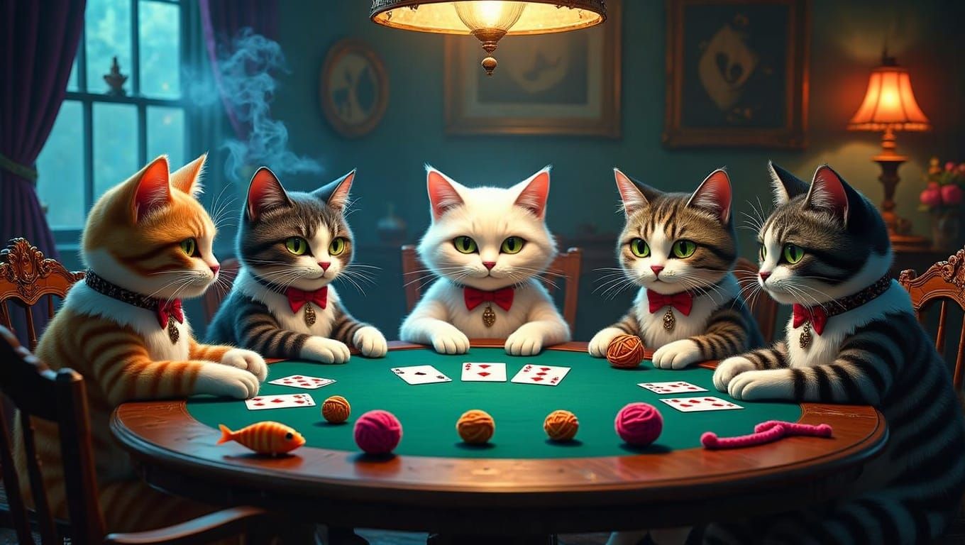 Cats Play Surreal Poker with Fish and Yarn