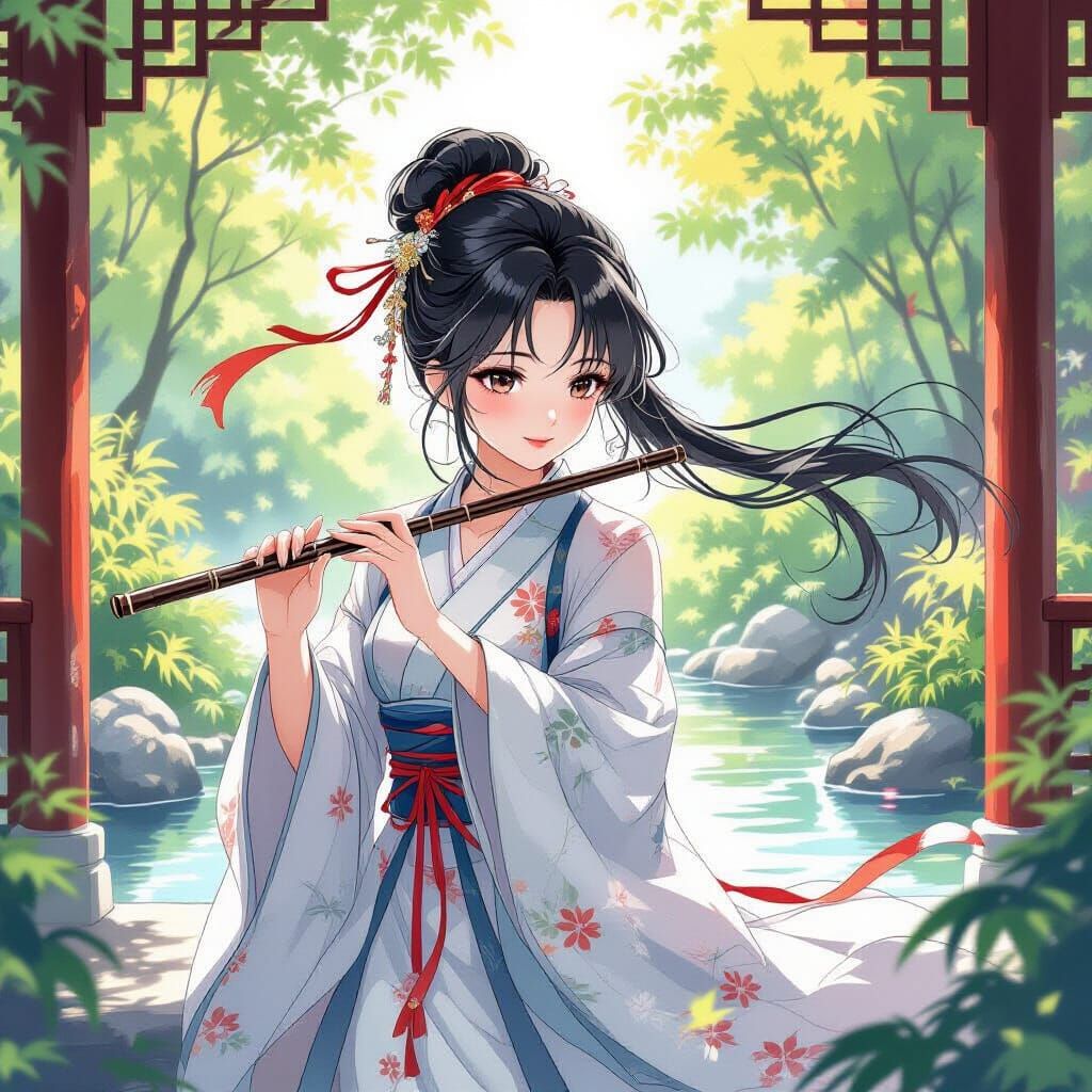 Anime Girl in Hanfu Playing Flute in Garden