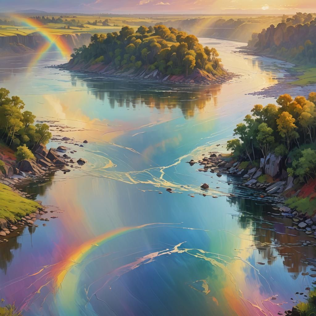 Serene Panoramic Landscape with Rainbow and River