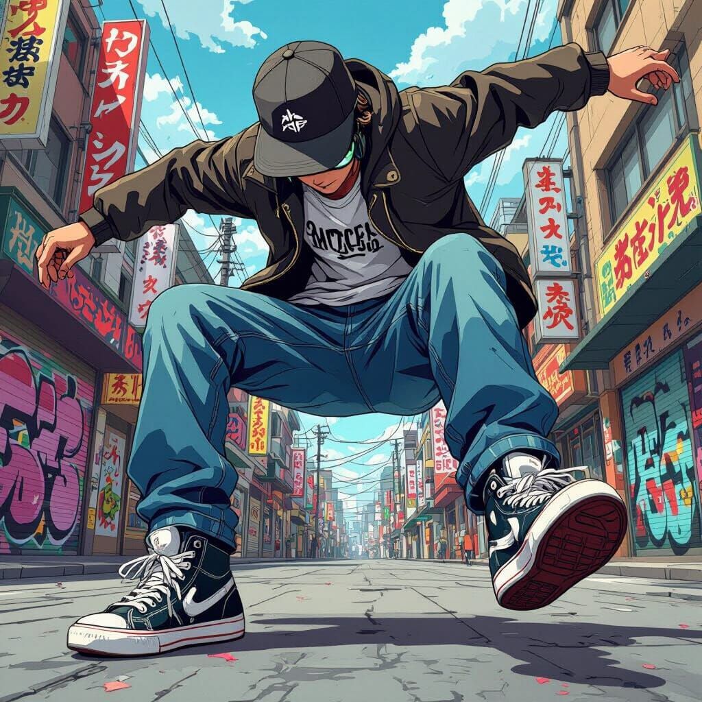 Skateboarder Performing Kickflip in Anime Style