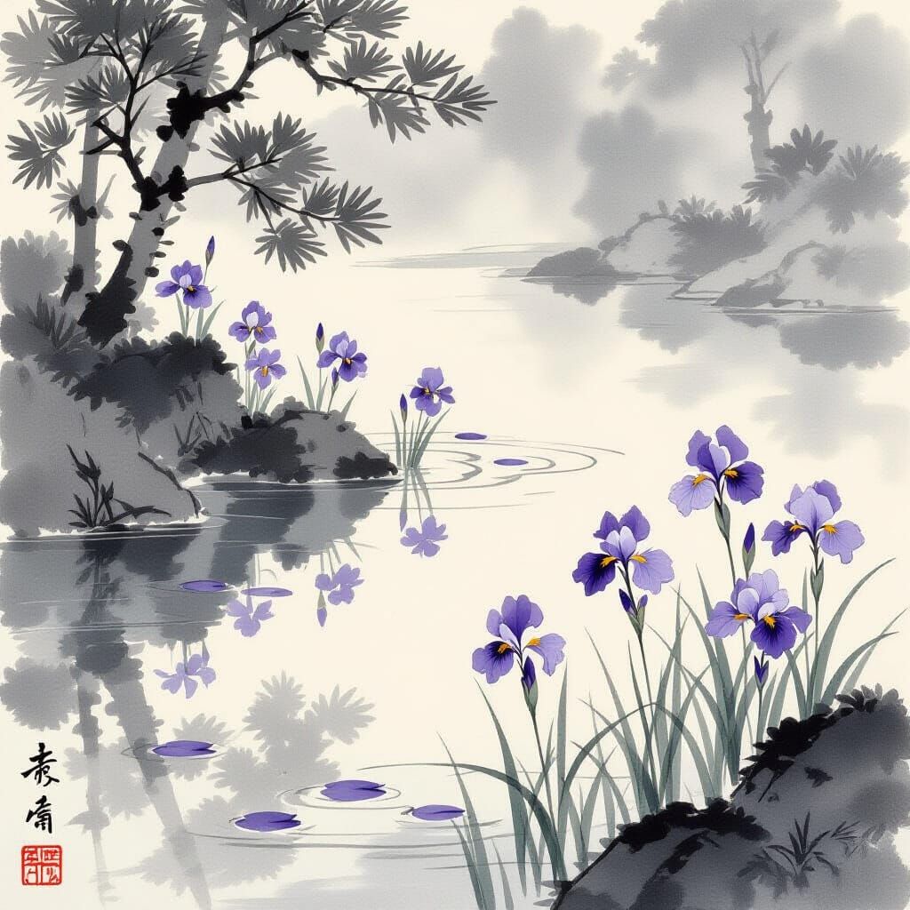 Serene Japanese Pond in Yamato-e Style