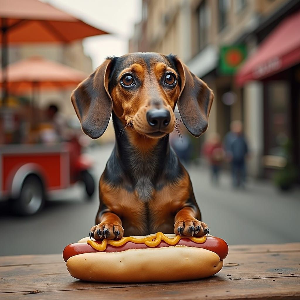 Dachshund Hot Dog Vendor in a Surprising Stance