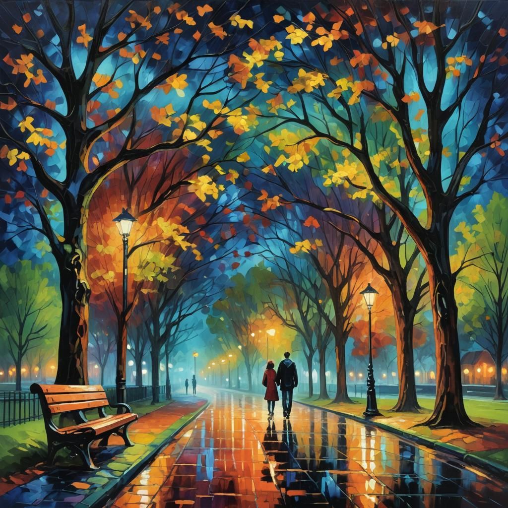Night Park Couple: Neo-Impressionist Oil Painting