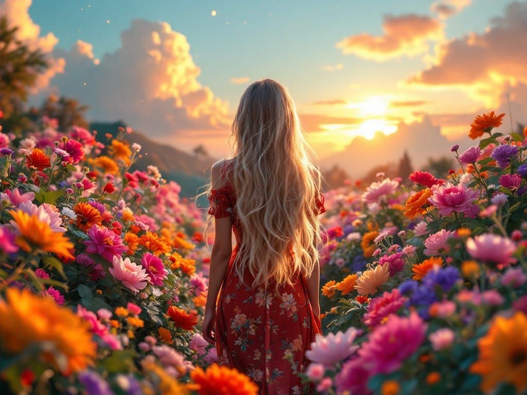 A Happy Woman Strolls Through a Vibrant Flower Garden in a D...