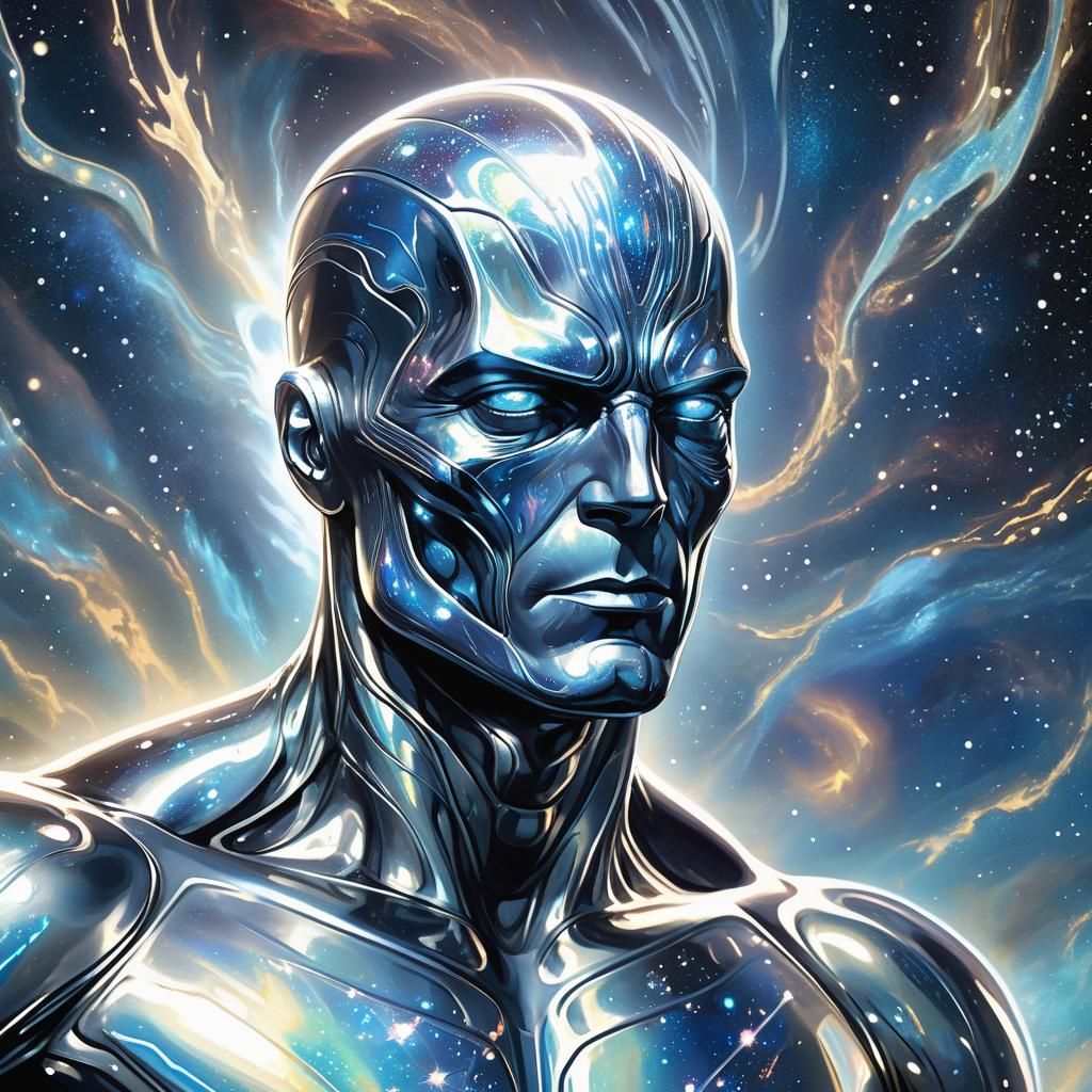 Silver Surfer Portrait in Psychedelic Cosmic Style